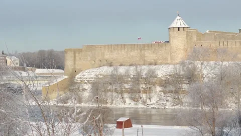 Winter Fortress by the River Stock Footage 328986740