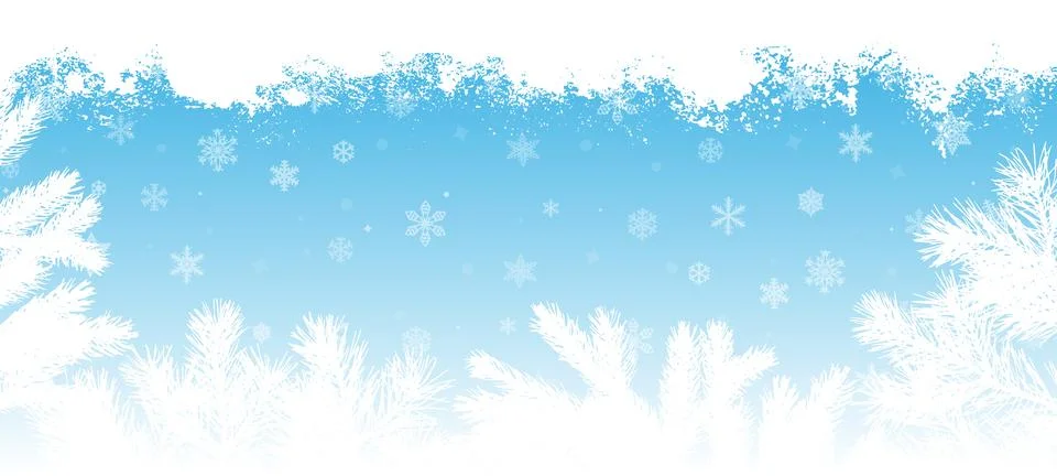 Winter frame of branches of pine and spruce trees and snowflakes, backgroun.. Ilustración de archivo