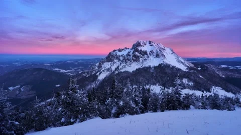 Winter frozen mountain panorama landscape in Slovakia, Red sky before sunrise Stock-Footage 166496853