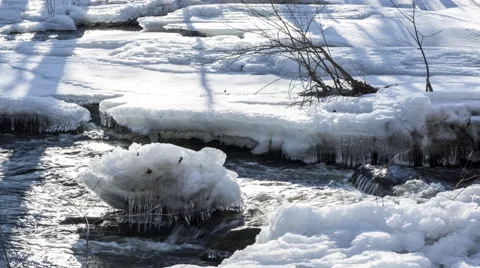 Winter Frozen Stream with Icicles Stock Footage 68294579