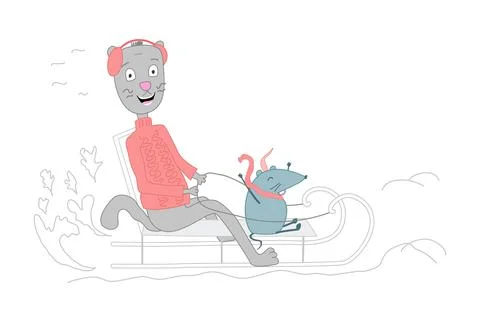 Winter fun. The cat and the mouse go sledding in winter. Vector illustration of イラスト素材