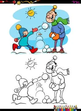 Winter fun scene coloring book Cartoon Illustration of Father and Little S... Stock Photos