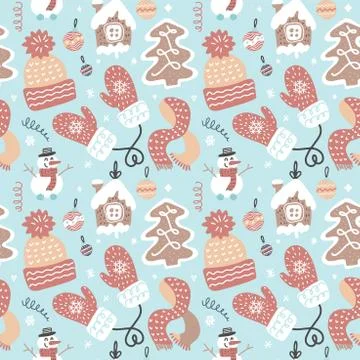 Winter fun seamless pattern. Traditional decorative Christmas elements. Flat  스톡 일러스트