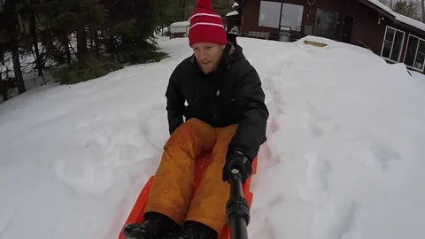 Winter fun sledding gopro selfie 60fps Stock Footage 71824072