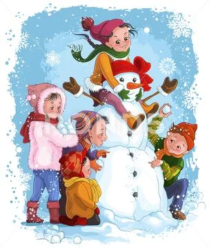 Winter games, children and snowman. Christmas holiday illustration Stock Illustration