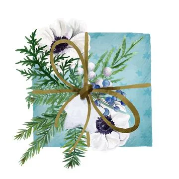 Winter gift box with white anemone flowers and fir Stock Illustration
