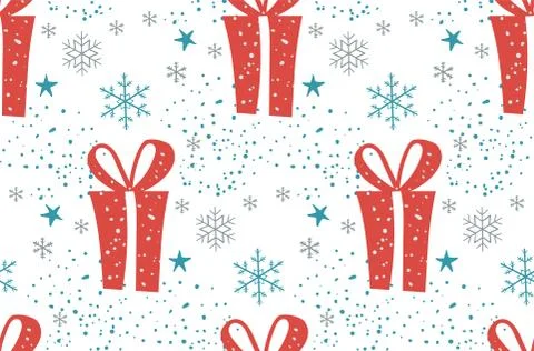 Winter Gift Christmas seamless pattern. red gifts, blue snowflakes on white Stock Illustration