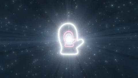 Winter Glove Hand Shape and Glowing Snow Particles Neon Lights Tunnel Stock Footage 168997742