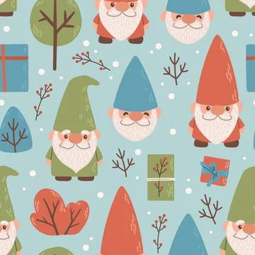 Winter gnomes gift tree seamless pattern vector Stock Illustration