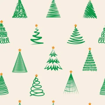 Winter graphic seamless pattern with christmas trees on beige background. V.. Stock Illustration