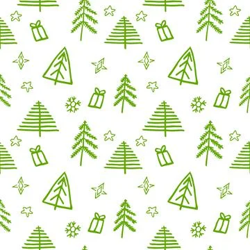 Winter graphic seamless pattern with green christmas trees. Hand drawn vector Illustrazione stock