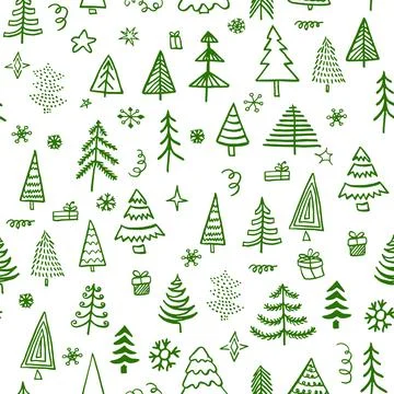 Winter graphic seamless pattern with green christmas trees. Hand drawn vector イラスト素材