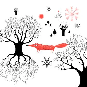Winter graphics with a red fox Stock Illustration