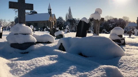 Winter graveyard in deep snow on sunny day Stock Footage 88864684