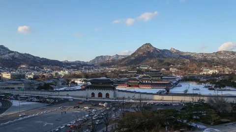 Winter Gwanghwamun Square Intersection Road Landscape time lapse full shot Stock Footage 74254247