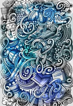 Winter hand drawn doodle poster. Cartoon detailed flyer. 스톡 일러스트