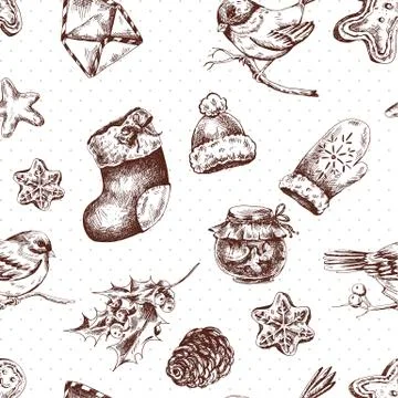 Winter hand drawn seamless background with Christmas elements Stock Illustration
