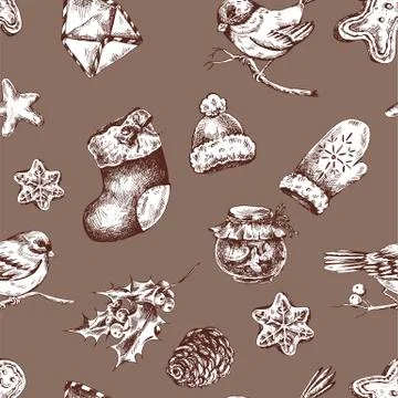 Winter hand drawn seamless background with Christmas elements Stock Illustration