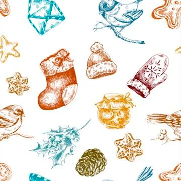 Winter hand drawn seamless background with Christmas elements Stock Illustration