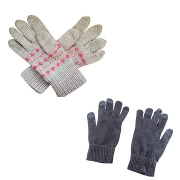 Winter Handwear Set: Patterned Grey Wool Mittens and Solid Dark Gloves Stock Photos
