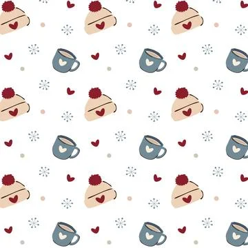Winter Hat And Cup Seamless Pattern Beige Pompom Beanie Blue Mug Hearts Sno.. Stock Illustration
