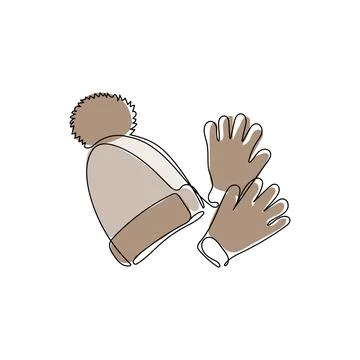Winter hat and gloves in one line art style. Stock Illustration