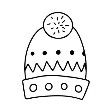 WInter hat icon in hand drawn doodle style. Warm knitted hat with ponpon. Iso Stock Illustration