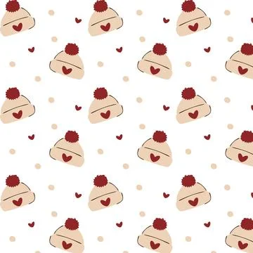 Winter Hat Seamless Pattern Pompom Beanie Hearts Red Beige Hand Drawn Vector Stock Illustration