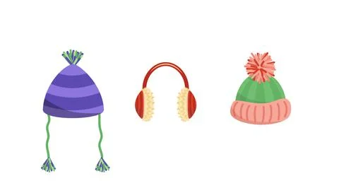 Winter hats and earmuff. Set of head wears. Warm headphones. Flat, cartoon Stock Illustration
