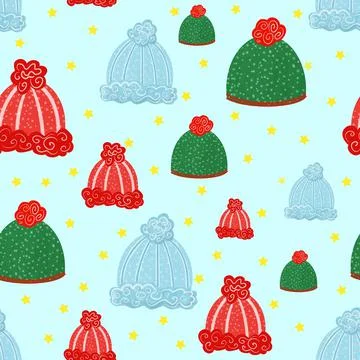 Winter hats seamless pattern. Hats with pumpon Stock Illustration