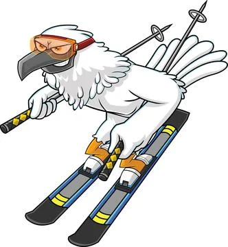 Winter Hawk Bird Cute Cartoon Character With Skis And Poles Goes Down Stock Illustration