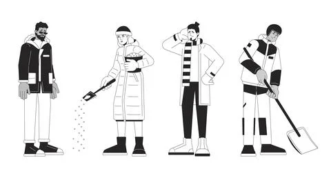 Winter hazards preventing black and white 2D line cartoon characters set Ilustração Stock