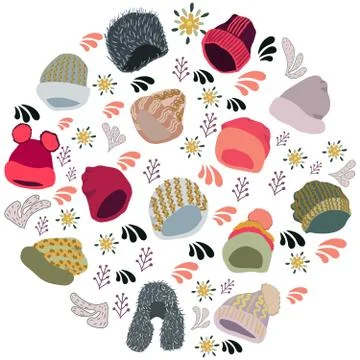 Winter headwear circle shape border on white background Stock Illustration