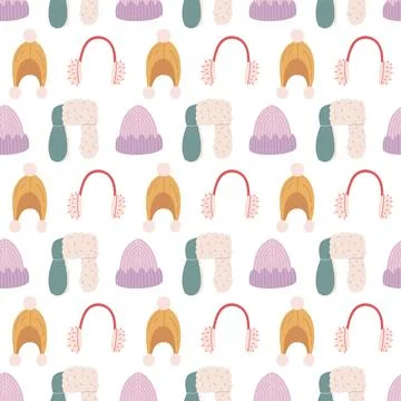 Winter headwear seamless pattern vector background with cute knitted beanie hats イラスト素材
