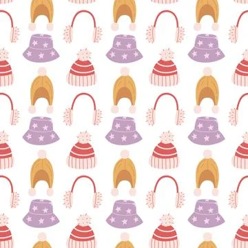 Winter headwear seamless pattern vector background with cute knitted beanie hats イラスト素材