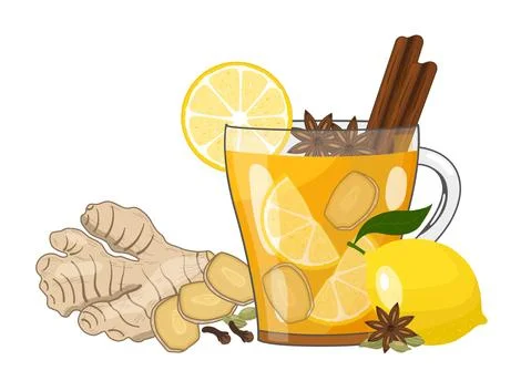 Winter healing tea with ginger, lemon and spices in cup. Vector illustration Stock Illustration
