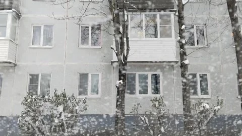 Winter is here. Snowfall in city. White snow covered tree and road near house Stock Footage 264512221