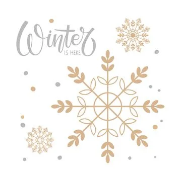 Winter is here text and gold Snowflake silhouette set. Christmas and New Year Stock Illustration