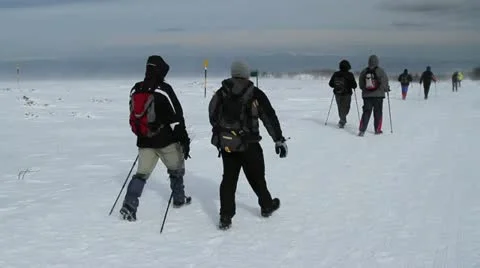 Winter hikers passing by Stock Footage 21992838