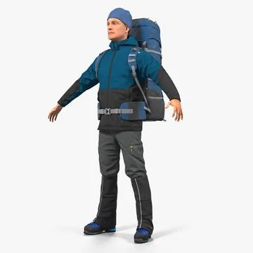 Winter Hiking Clothes Men with Backpack 3D Model
