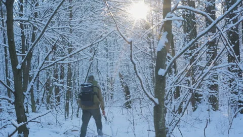 Winter hiking through a snow-covered forest with sunlight peeking through trees Stock Footage 313489843