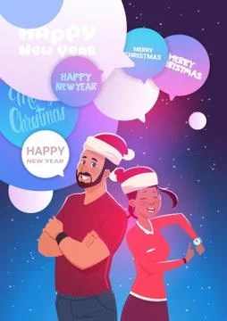 Winter Holiday Celebration Poster With Happy Man And Woman Over Chat Bubbles Ilustração Stock