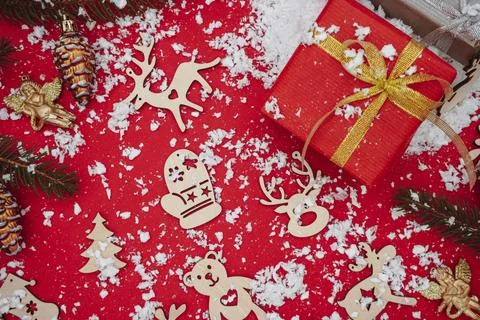 Winter holiday composition. Top view, copy space. Stockfoto's