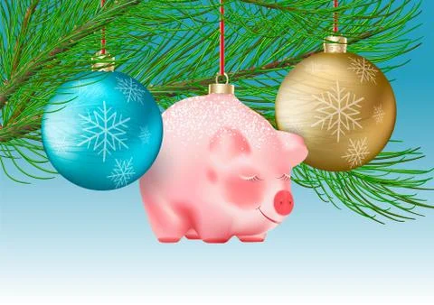 Winter holiday decor. Set of transparent Christmas blue and golden Baubles an Stock Illustration