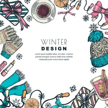 Winter holiday frame. Vector color sketch illustration. Banner or poster desi Stock Illustration