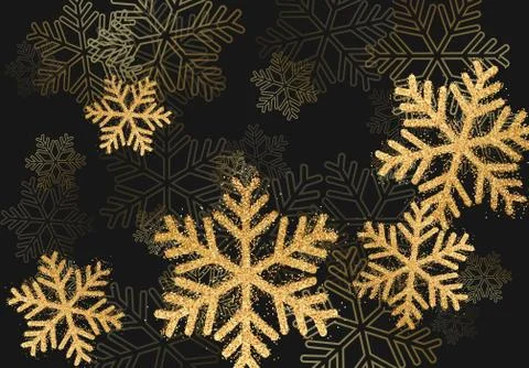 Winter holiday pattern with golden bright shining snowflakes with gold glitter Illustrazione stock