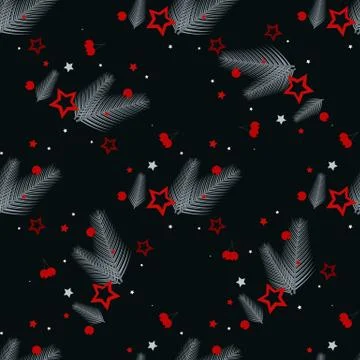 Winter holiday seamless pattern on black. Festive Christmas symbols wallpaper Stock Illustration