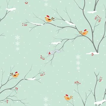 Winter holiday seamless pattern with cute birds happy on soft green backgroun Stock Illustration
