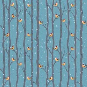 Winter holiday seamless pattern with cute birds on winter night,for decorat.. Stock Illustration