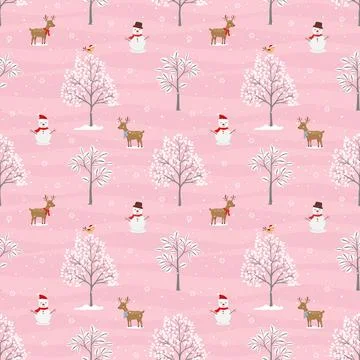 Winter holiday seamless pattern with cute animals on winter forest Stock Illustration